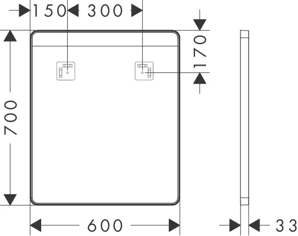 Spiegel mit quadratischer Form und LED-Beleuchtung an der Oberkante, Wandmontage mit zwei Halterungen. Produkt von Hansgrohe.